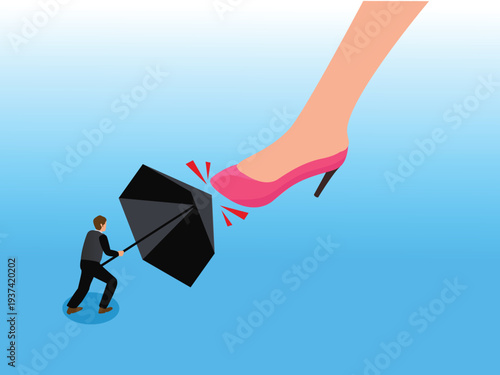Small Businessman Using an Umbrella to Defend Himself Against a Giant Female Foot in High Heels 3d isometric vector illustration