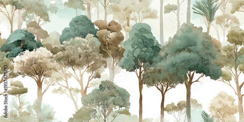 Soft watercolor forest pattern with various green and earth tone trees for nursery decor textiles sustainable packaging and organic branding design.