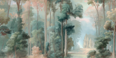 Leinwandbilder Khaki Serene ethereal forest landscape with misty trees in soft pastel tones for design, textiles, wall art, home decor, and calming background wallpapers  © Eli Berr