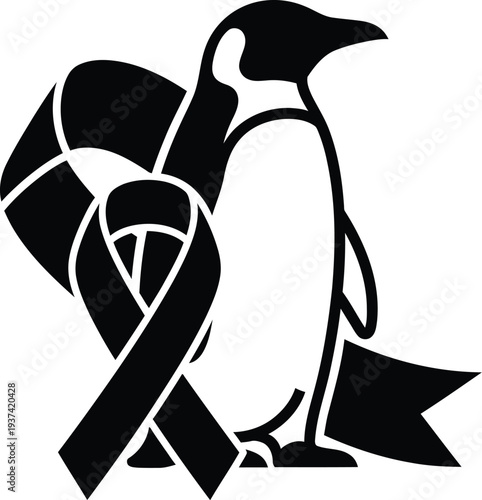 Penguin icon with conservation ribbon for wildlife protection concept