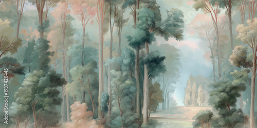 Serene ethereal forest landscape with misty trees in soft pastel tones for design, textiles, wall art, home decor, and calming background wallpapers