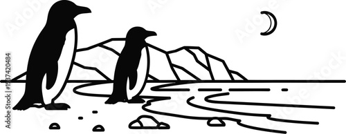 African penguin standing on coastal beach landscape vector illustration
