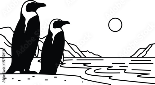 African penguin standing on coastal beach landscape vector illustration