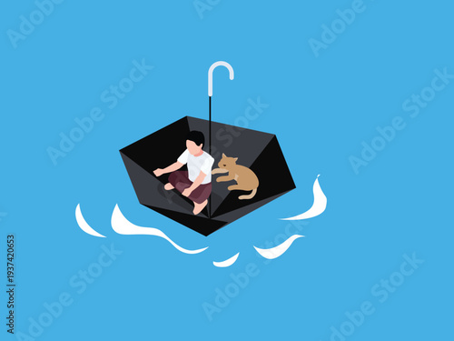 Boy and Cat Floating in an Upside-Down Umbrella Boat on Blue Water 3d isometric vector illustration