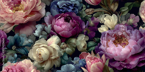 Moody dark floral arrangement featuring deep pink and cream peonies for design, textiles, luxury packaging, and dramatic interior wallpapers