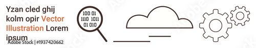 Cloud computing, data analysis, digital transformation, programming, IT services, and innovation. Lines and gears next to a cloud with binary code and magnifying glass. Cloud computing and data