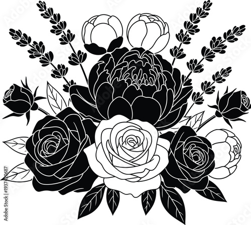 Peonies roses and lavender in English garden flower set