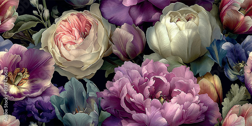 Moody dark floral arrangement featuring deep pink and cream peonies for design, textiles, luxury packaging, and dramatic interior wallpapers