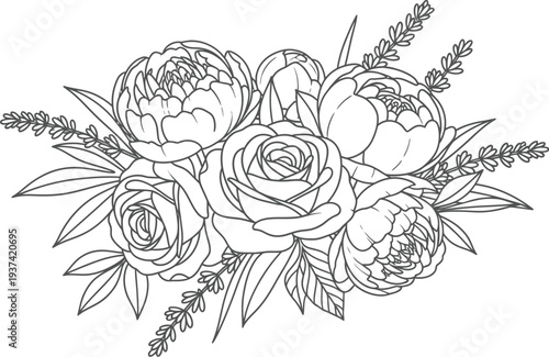 Peonies roses and lavender in English garden flower set