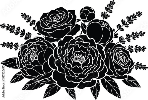 Peonies roses and lavender in English garden flower set