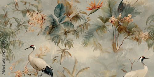 Graceful white cranes among tropical palm leaves and exotic bird of paradise flowers for design, textiles, luxury wall art, home decor, and oriental branding