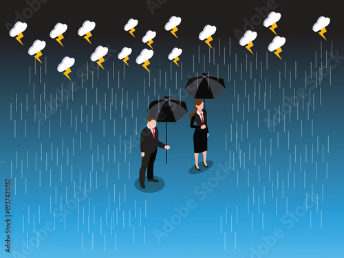 Business Professionals with Umbrellas Standing in Heavy Rain and Stormy Weather 3d isometric vector illustration