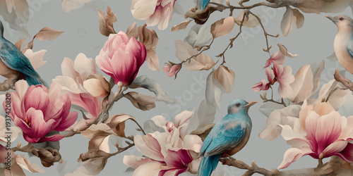 Beautiful blue songbirds perched on magnolia branches with soft pink blossoms for design, textiles, vintage wallpapers, stationery, and elegant branding