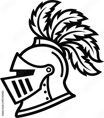 Medieval knight helmet with feathers heraldic crest