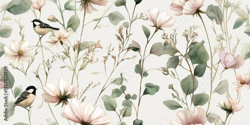 Delicate garden wildflowers and small black capped birds on a clean white background for design, textiles, minimalist packaging, and airy home decor