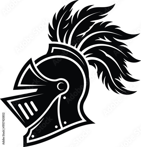 Medieval knight helmet with feathers heraldic crest