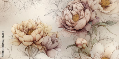 Sophisticated peony line art in neutral beige and dusty rose tones for design, textiles, luxury branding, wedding stationery, and elegant wallpapers