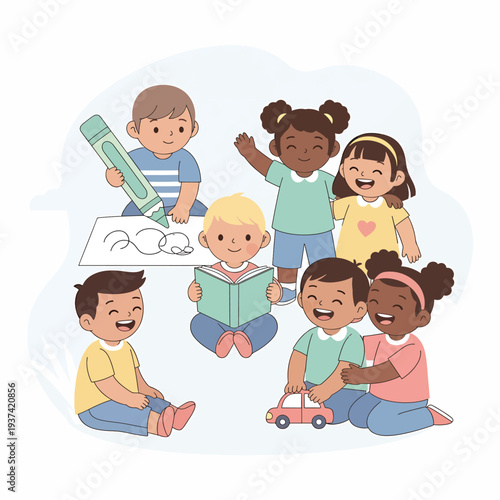 Group of Happy Children Reading Together.