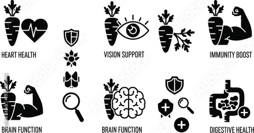 Carrot nutritional benefits infographic elements with icons and charts