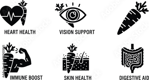 Carrot nutritional benefits infographic elements with icons and charts