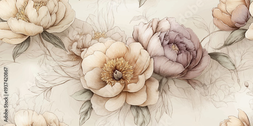Sophisticated peony line art in neutral beige and dusty rose tones for design, textiles, luxury branding, wedding stationery, and elegant wallpapers