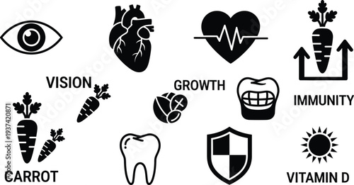 Carrot nutritional benefits infographic elements with icons and charts