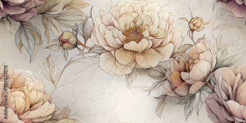 Sophisticated peony line art in neutral beige and dusty rose tones for design, textiles, luxury branding, wedding stationery, and elegant wallpapers
