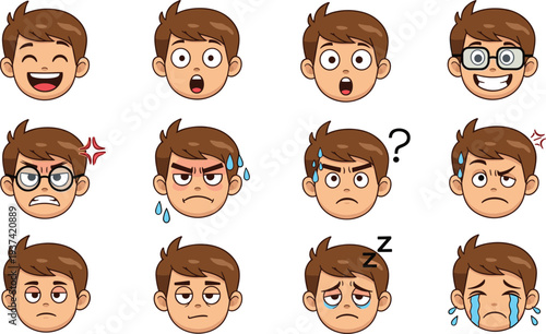 Cartoon boy face expressions set illustration, collection of emotions including happy, sad, angry, confused, sleepy character vector icons