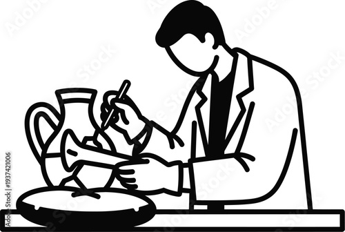 Museum curator examining ancient artifact in laboratory