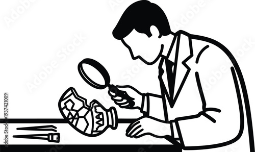 Museum curator examining ancient artifact in laboratory