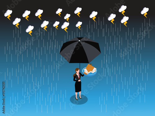 Businesswoman Holding Umbrella Protecting House from Storm and Lightning - Home Insurance 3d isometric vector illustration