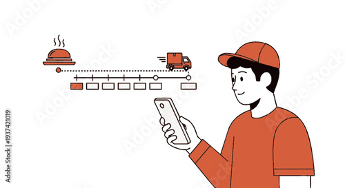 Delivery man tracking food order on smartphone with logistics diagram in background orange uniform modern digital illustration