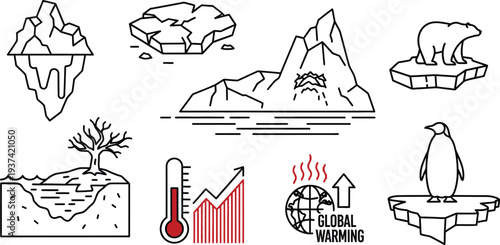 Penguin environment infographic set showing global warming impact