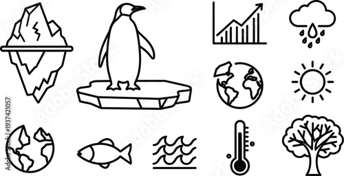 Penguin environment infographic set showing global warming impact