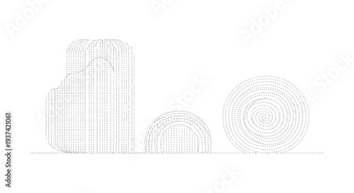 Minimalist abstract geometric line art shapes on white background. Modern design with rounded rectangle, hemisphere, and spiral circle.