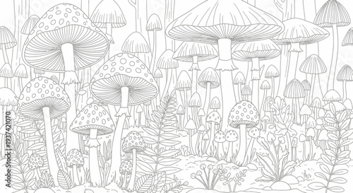 Intricate woodland mushroom forest line art illustration, detailed nature fungi background for a whimsical coloring book page.