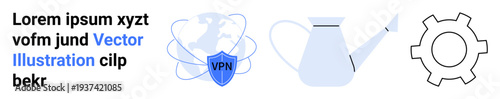 VPN shield over globe, watering can, and gear represent security, growth, and settings. Ideal for technology, internet, privacy, productivity data protection growth mindset simple landing page