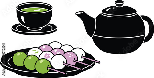 Japanese green tea and dango rice dumplings vector set