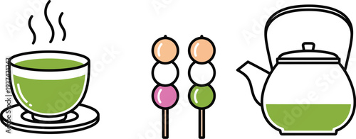 Japanese green tea and dango rice dumplings vector set