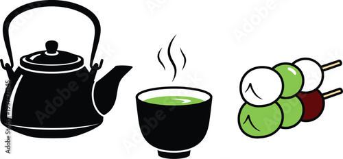 Japanese green tea and dango rice dumplings vector set