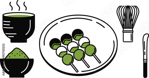 Japanese green tea and dango rice dumplings vector set