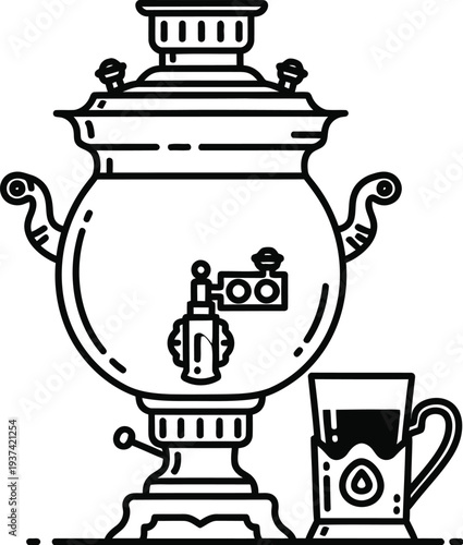 Samovar with traditional tea glass in vector illustration style