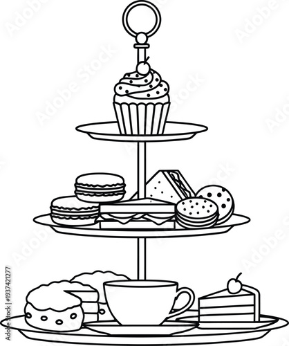 Afternoon tea tiered stand with cakes vector illustration