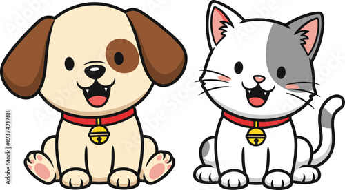Cute dog and cat cartoon characters with collars, adorable pet illustration set isolated for kids branding design