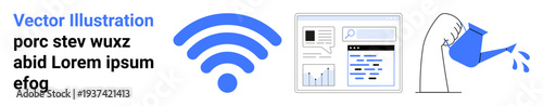 Connectivity, digital analytics, online education, website design, data flow, sustainable growth. Blue wireless symbol, desktop web interface pouring watering can. Connectivity and digital analytics