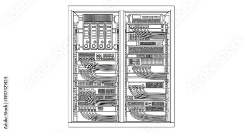Detailed technical drawing of a data center server rack with structured network cabling and electronic equipment for digital infrastructure.