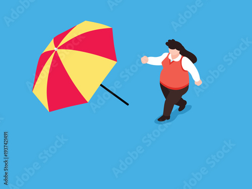 woman losing her umbrella in the wind: Businesswoman walking on a blue background as a red and yellow umbrella blows away, symbolizing risk or lack of protection 3d isometric vector illustration