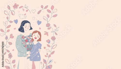 Mother and daughter embracing with flowers on a pastel background.