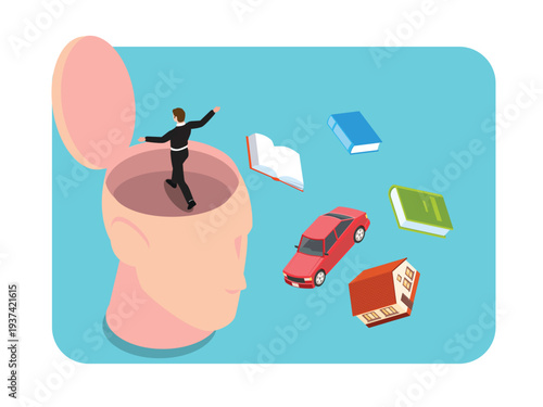 Businessman Thinking About Material Success and Lifestyle Goals 3d isometric vector illustration