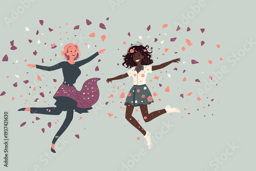 Two women jumping in joy surrounded by confetti.